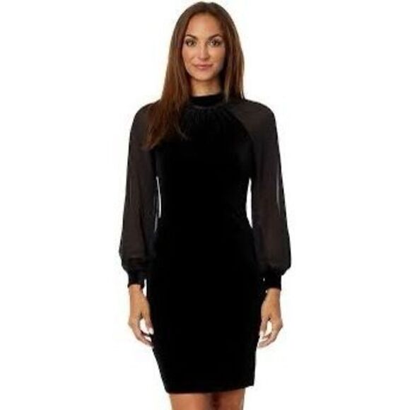 Calvin Klein Sheer Sleeve Mock Neck Velvet Dress New - Picture 1 of 10